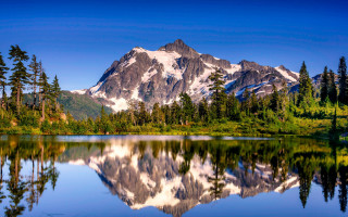 Mountain lake reflection forest sky - tree and a forest free wallpaper