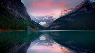 Mountain lake forest sunset reflections - a pink sky free wallpaper