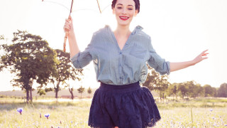 Woman field umbrella smiling outstretched - impressionist free wallpaper