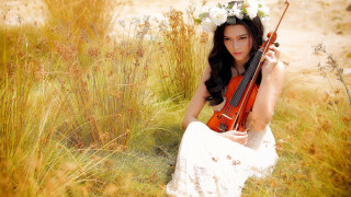 Woman violin flower crown autumn - a white dress holding free wallpaper
