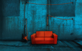 Red couch guitar blue light - a red couch free wallpaper