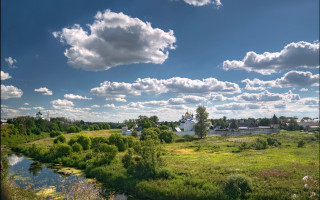 River green countryside blue sky - panoramic view free wallpaper
