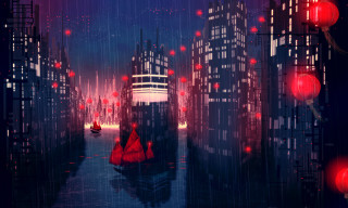 Red city night lights boat - a red boat free wallpaper