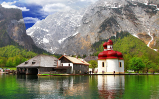 Lake church mountains clouds dock - the dock free wallpaper