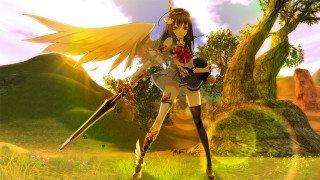 Girl sword field trees sunset - tree and grass free wallpaper