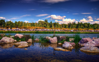 River rocks grass clouds trees 2 - the water and a sky free wallpaper