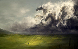 Horse field person cloudy sky - matte fantasy painting free wallpaper