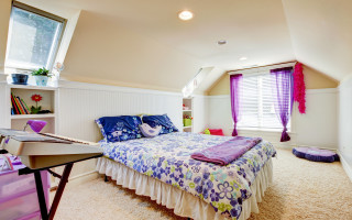 Bedroom purple curtained window arts - open ceiling free wallpaper
