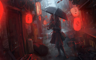 Woman umbrella rainy alley fantasy - art greg rutkowski free wallpaper