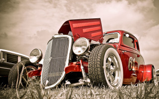 Red truck field black car - a red hood free wallpaper