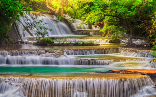 Waterfall green pool trees people - a few person free wallpaper
