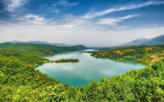 Lake mountains trees clouds blue 2 - under free wallpaper for desktop