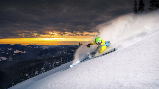 Skiing snowy mountain sunset trees - sunset free wallpaper