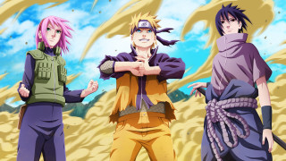 Anime characters mountain sky clouds - three anime character free wallpaper
