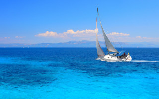 Sailboat ocean sunny mountains vibrant - ann thetis blacker free wallpaper