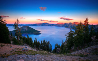 Lake mountains trees sunset moon - sunset free wallpaper