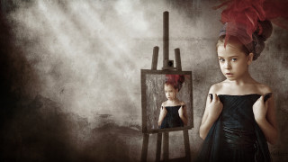 Young girl black dress mirror - a surrealist painting free wallpaper