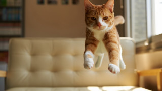 Cat jumping couch livingroom blurry - action pose free wallpaper