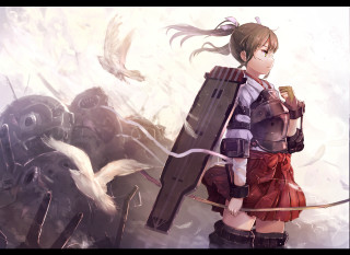 Woman sword box birds flying - awataguchi takamitsu free wallpaper