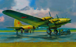 Yellow airplane runway people truck - oil painting free wallpaper