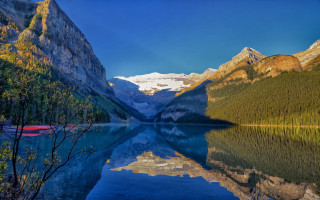 Mountain forest snowy water boat - near free wallpaper