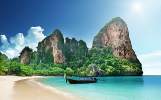 Boat beach mountain sky landscape - beautiful landscape free wallpaper