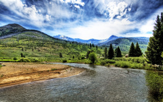 River forest hillside mountains blue - river free wallpaper