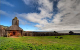 Barn steeple field fence clouds - a grassy field free wallpaper