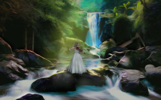 Woman white dress rock waterfall - daphne mcclure free wallpaper