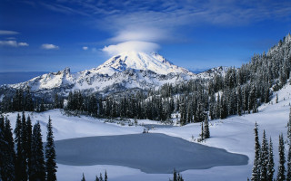 Snow mountain lake forest blue - a lake in the foreground and trees free wallpaper