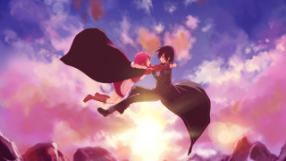 Anime couple flying sky clouds - official art free wallpaper for desktop