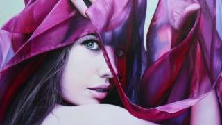Woman pink scarf blowing hair - a painting of a woman free wallpaper