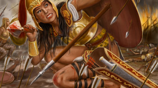 Woman kneeling sword shield blood - a painting of a woman free wallpaper