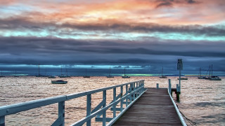 Dock boats cloudy sky wooden - a wooden walkway free wallpaper