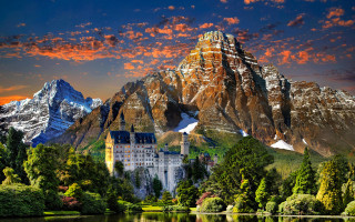 Castle mountains lake red sky - a castle free wallpaper