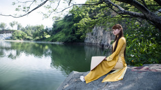 Woman yellow dress lake forest - a yellow dress free wallpaper