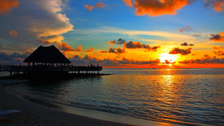 Sunset beach pier hut people - side and people free wallpaper