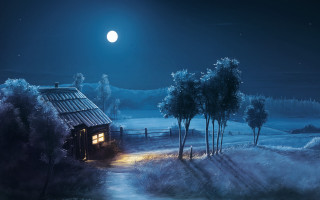 Cabin woods night fullmoon mountains - a full moon in the sky above free wallpaper