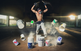 Shirtless male painting hammer buckets - graffiti paint free wallpaper