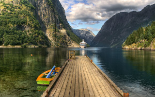 Mountain lake boat cruise forest - artur grottger free wallpaper for desktop