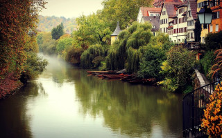 River boats houses trees landscape - impressionist free wallpaper