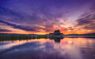 Sunset lake castle clouds mountains - a mountain in the distance free wallpaper