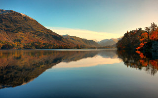 Lake mountains trees boat sky 5 - a matte painting free wallpaper for desktop