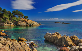 Rocky shore blue water trees - a rocky shore free wallpaper