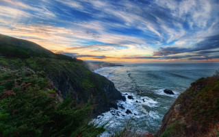 Cliff water sunset clouds nature - a matte painting free wallpaper for desktop