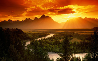 River forest mountains sunset rays - the cloud free wallpaper