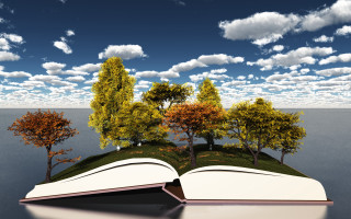Storybook trees water sky mountains - a book free wallpaper