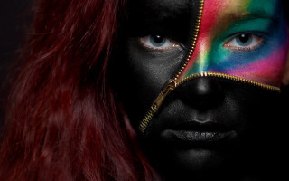 Woman colorful mask red hair - neofauvism free wallpaper