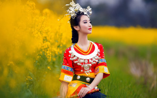 Woman red yellow dress flower - a field of flowers free wallpaper