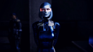 Eve ryder futuristic suit dark - a man in the background free wallpaper